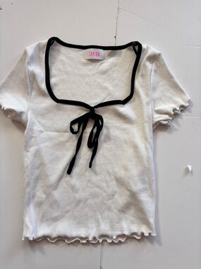 Savida White Rib Knit Tie-Front Top with Black Trim